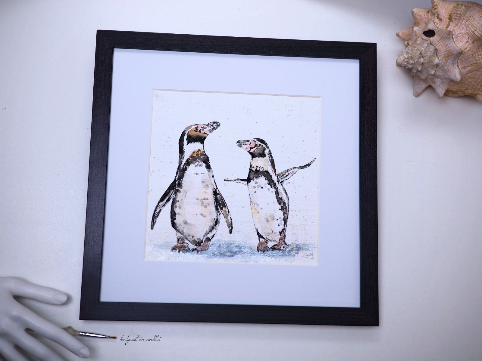 Humboldt Pinguine Aquarell gerahmtes handgemalte Original, Tierbild, Einzelstück, Rahmenfarbe