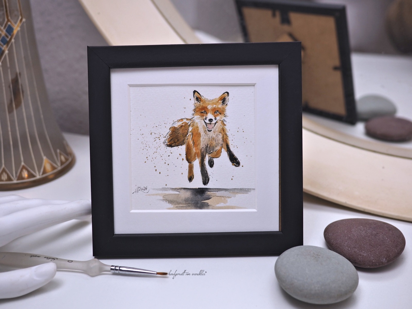 Fuchs Illustration handgemalt, gerahmt in Minirahmen, Rahmenfarbe wählbar schwarz oder shabby-weiss