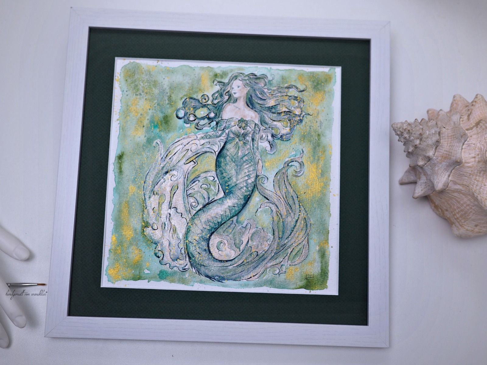 Mermaid Esmeralda Illustration, gerahmte aufwändige Originalarbeit, Aquarell 3