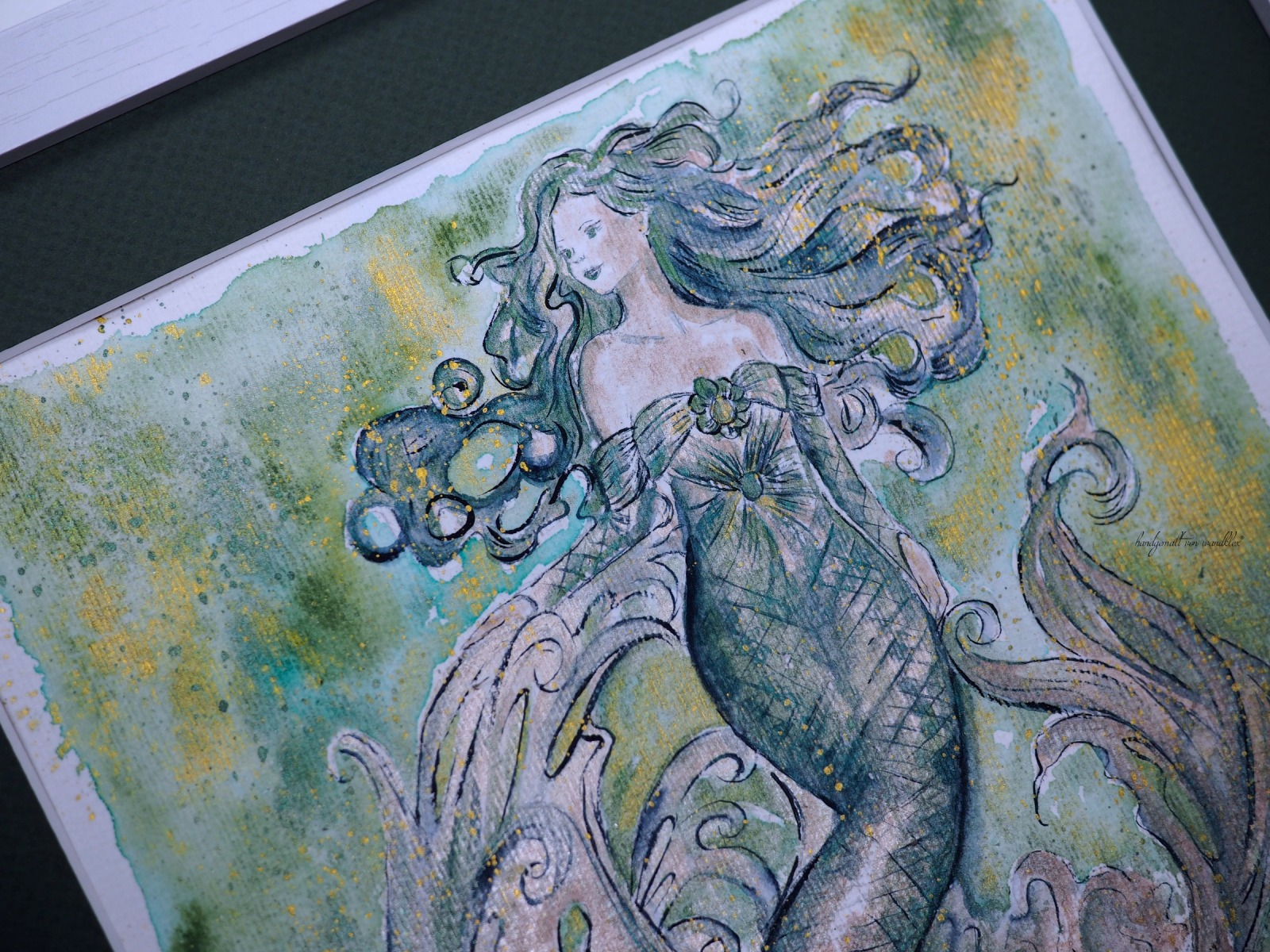 Mermaid Esmeralda Illustration, gerahmte aufwändige Originalarbeit, Aquarell 12