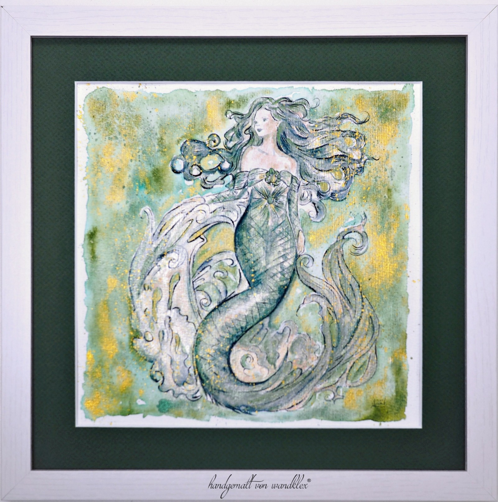 Mermaid Esmeralda Illustration, gerahmte aufwändige Originalarbeit, Aquarell 9