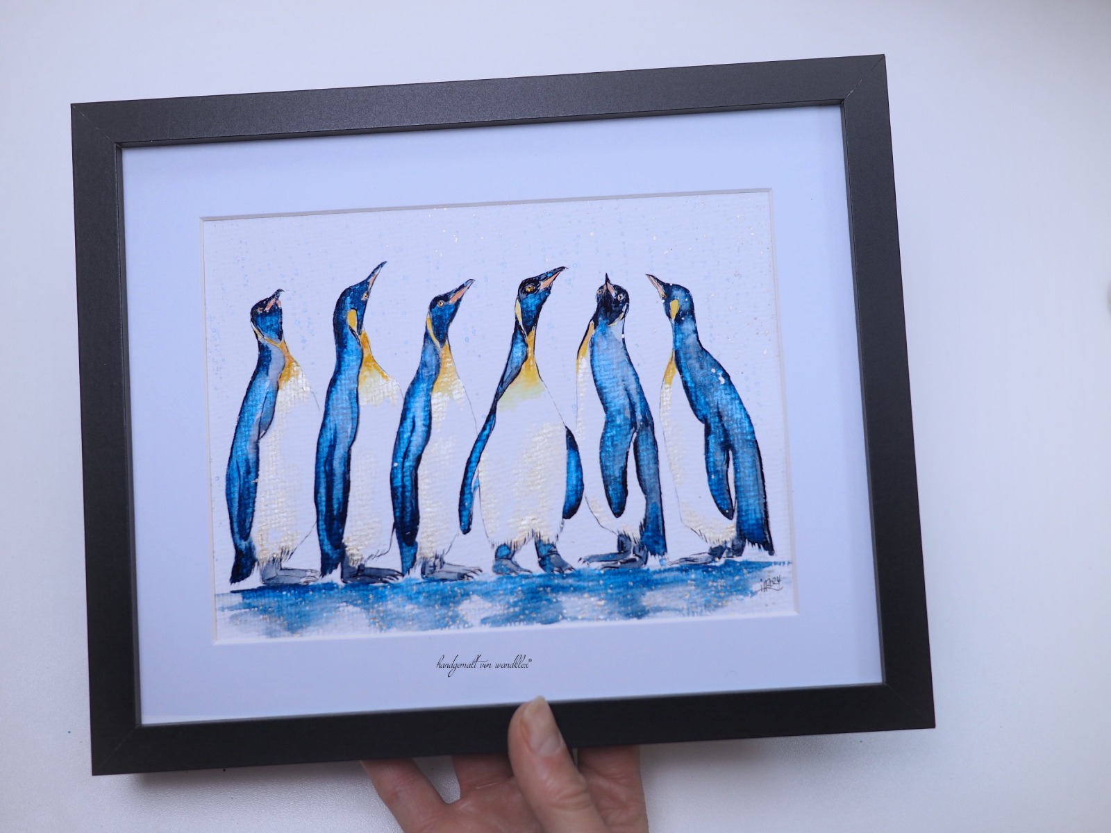 Pinguingruppe Konferenz Illustration handgemalt, gerahmt