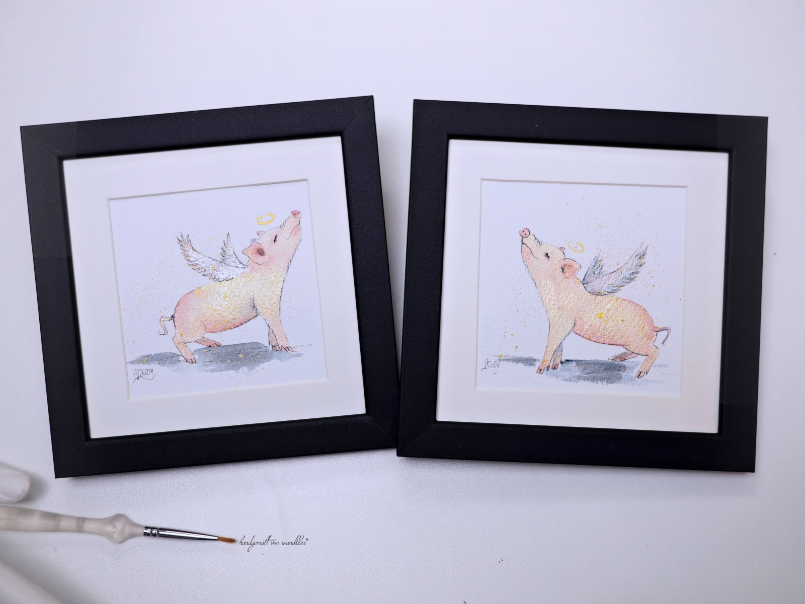 Flügelschwein kleine Illustration handgemalt, gerahmt, Glücksschwein, Flügelschweinchen,