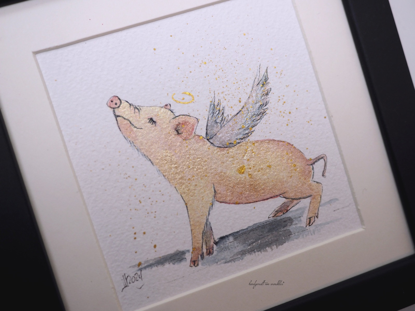 Flügelschwein kleine Illustration handgemalt, gerahmt, Glücksschwein, Flügelschweinchen,