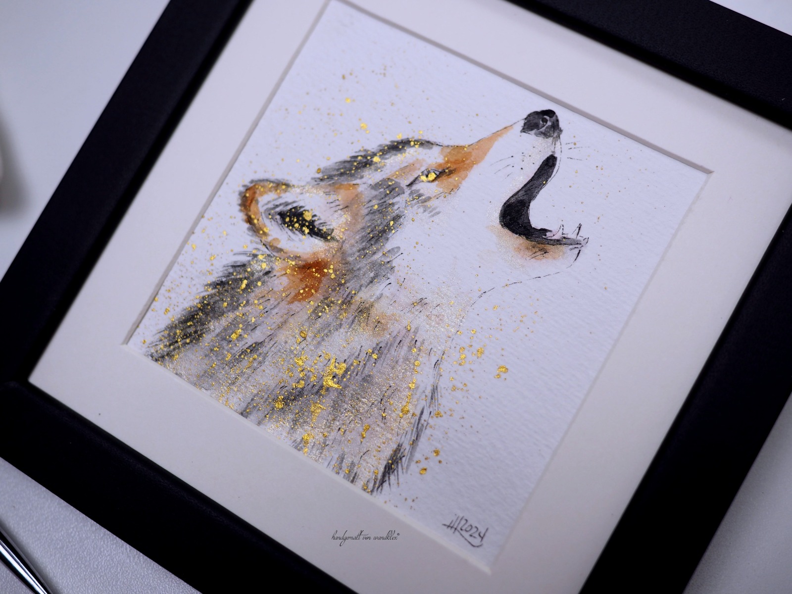 Wolfsgeheul, Illustration handgemalt, gerahmt in Minirahmen, Rahmenfarbe wählbar schwarz oder