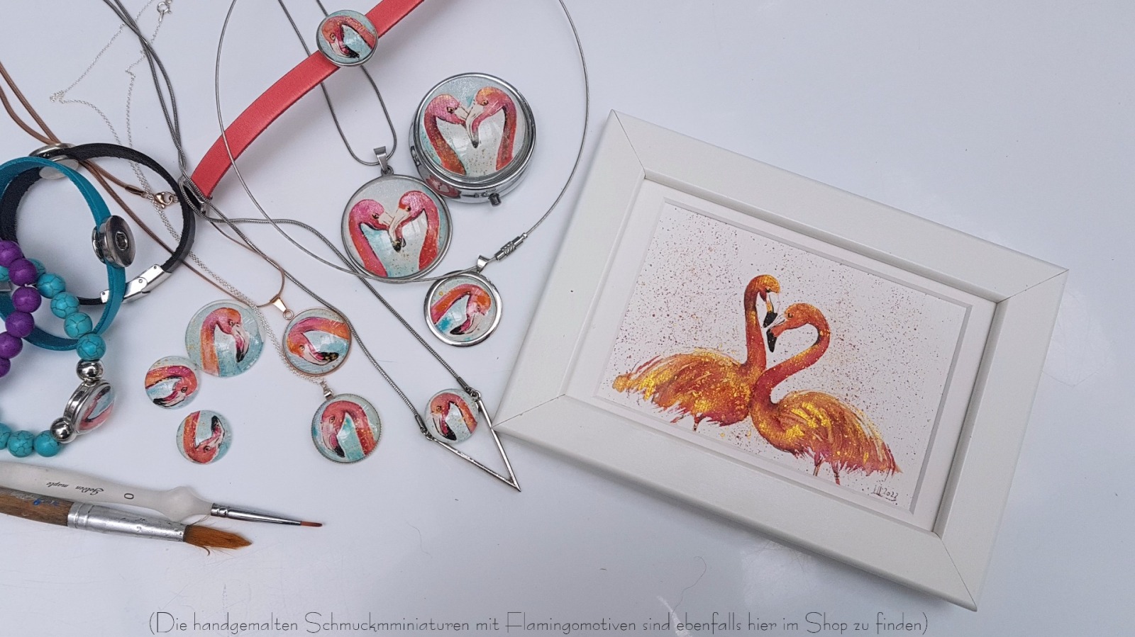 handgemalt Flamingo Victoria Schmuckserie, Original Aquarellminiatur gefasst in div.