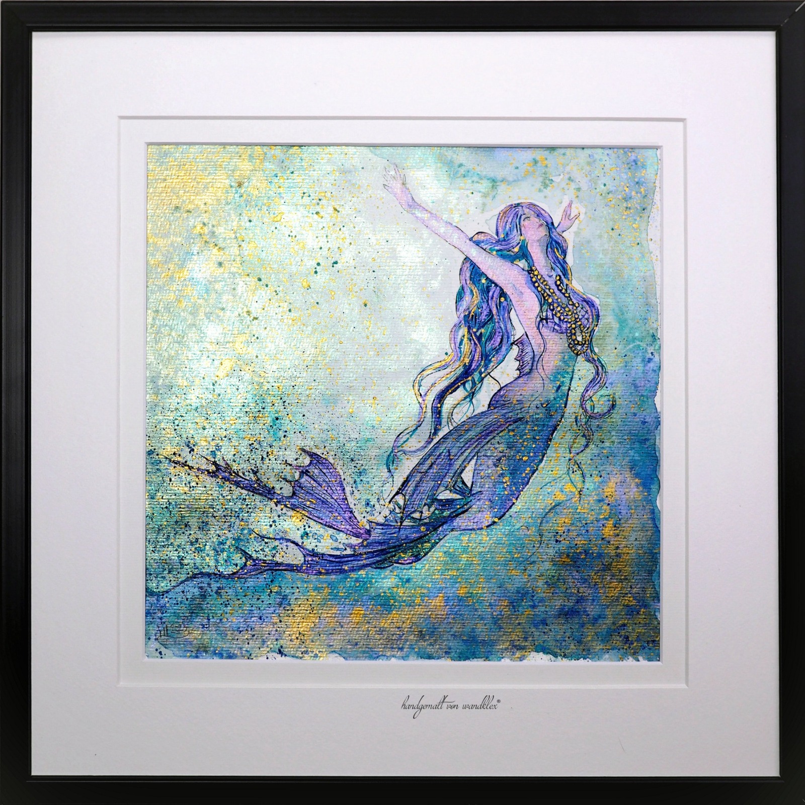 Mermaid Luzia, Illustration, gerahmte aufwändige Originalarbeit, Mixed Media Aquarell, Fineliner 2