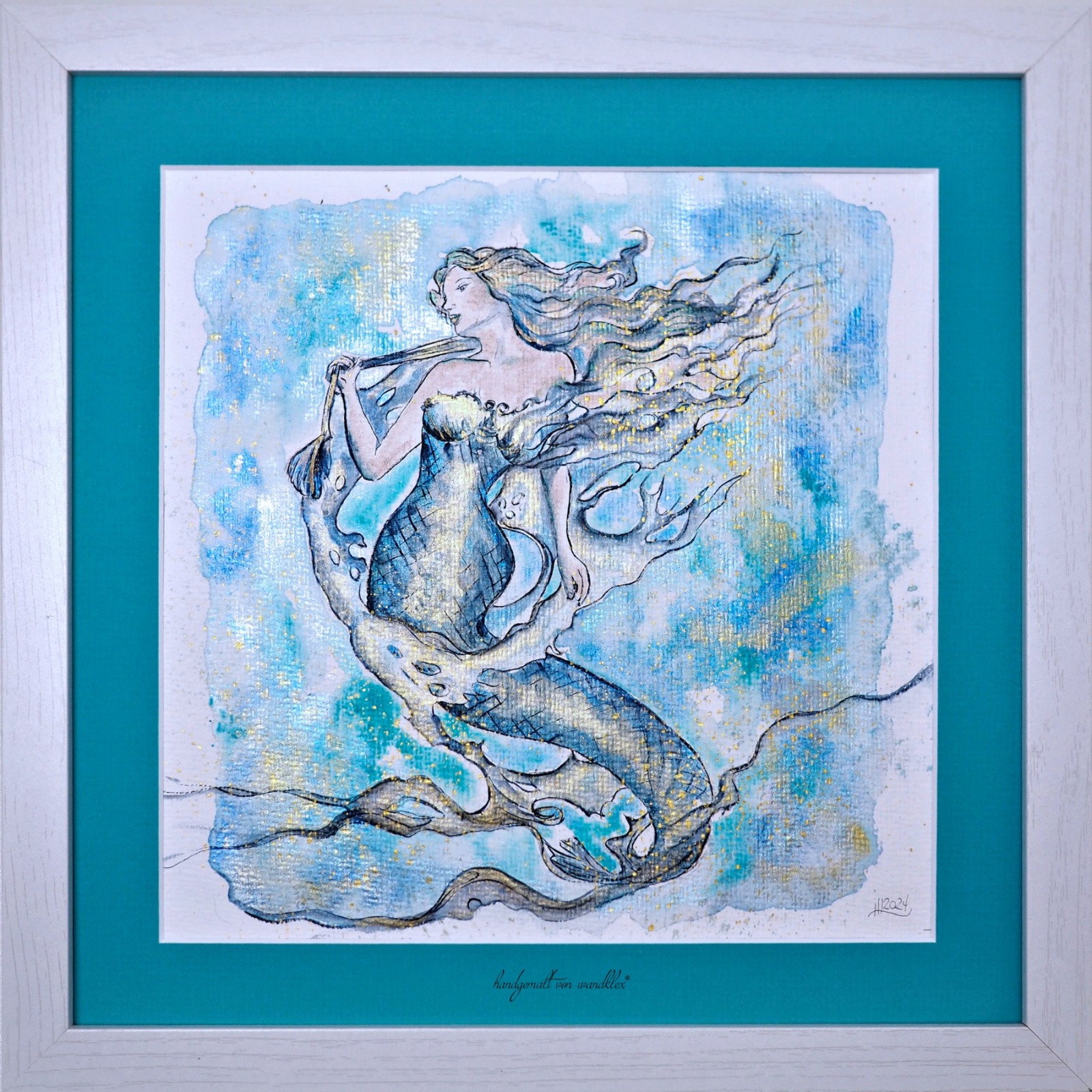 Mermaid Hedwig Illustration, gerahmte aufwändige Originalarbeit, Aquarell 6