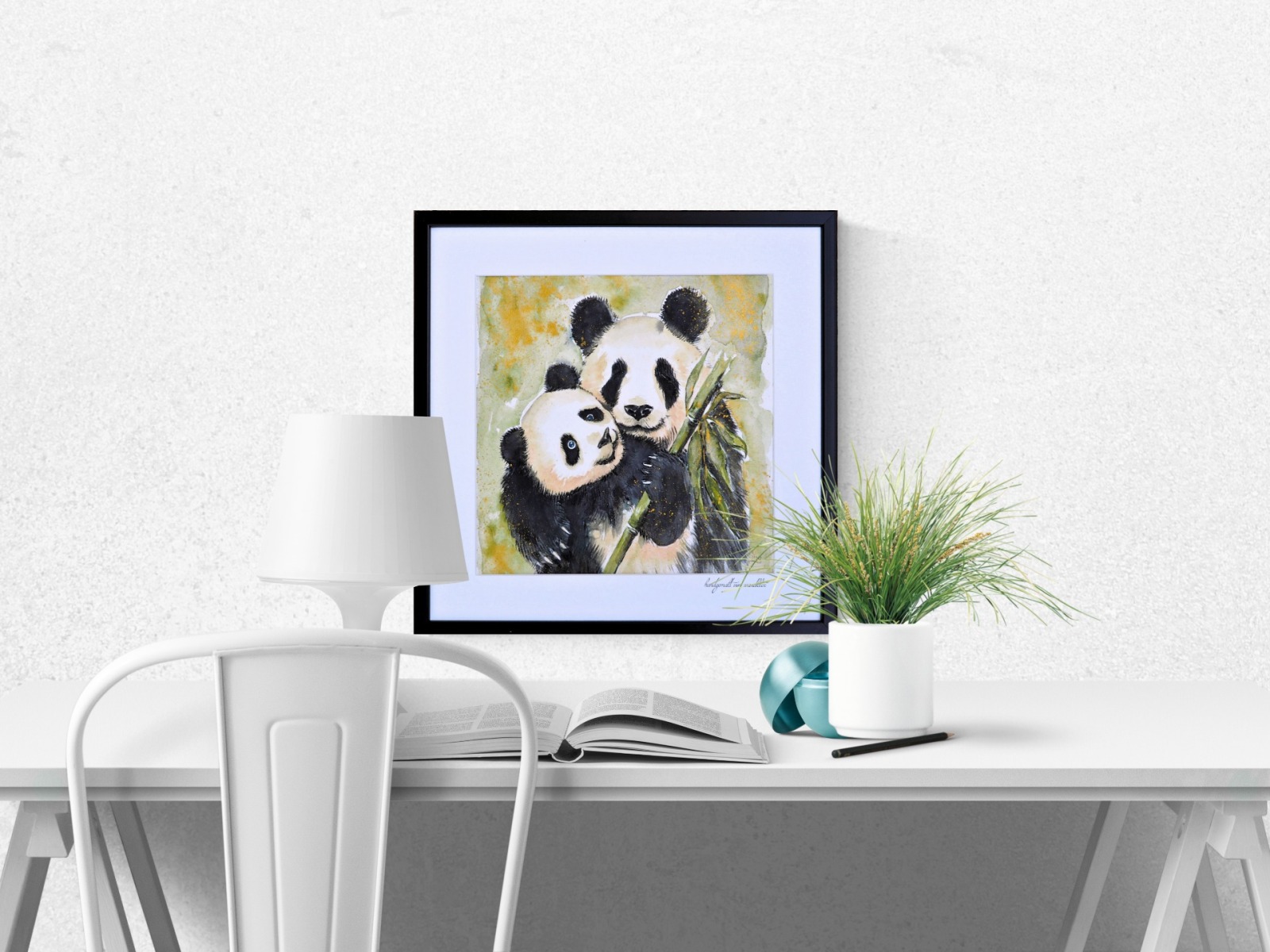 Panda Paar Eltern Kind Illustration großes handgemaltes gerahmtes Original 10