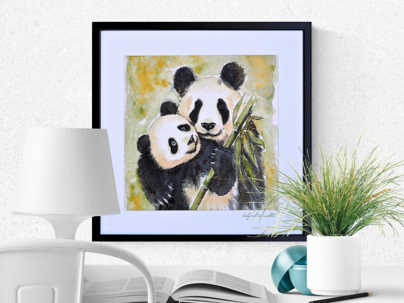 Panda Paar Eltern Kind Illustration großes handgemaltes gerahmtes Original
