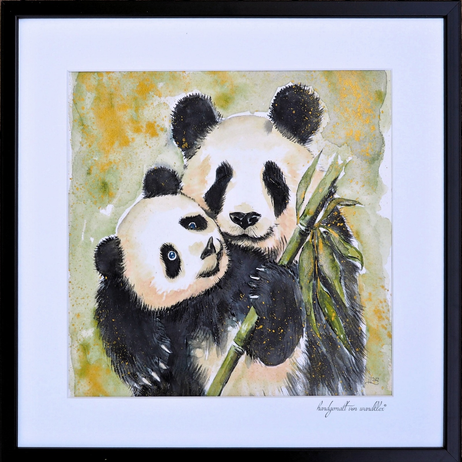 Panda Paar Eltern Kind Illustration großes handgemaltes gerahmtes Original 2