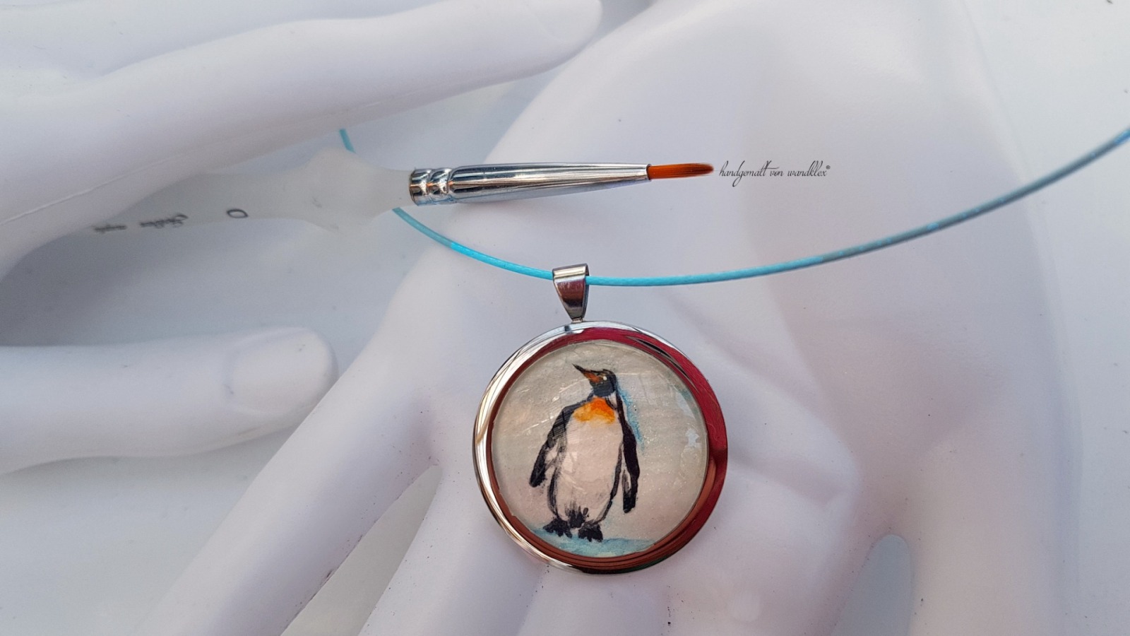 handgemalt Aquarell Pinguin eingearbeitet in Anhänger Edelstahl oder Echt 925 Sterling Silber Halskette