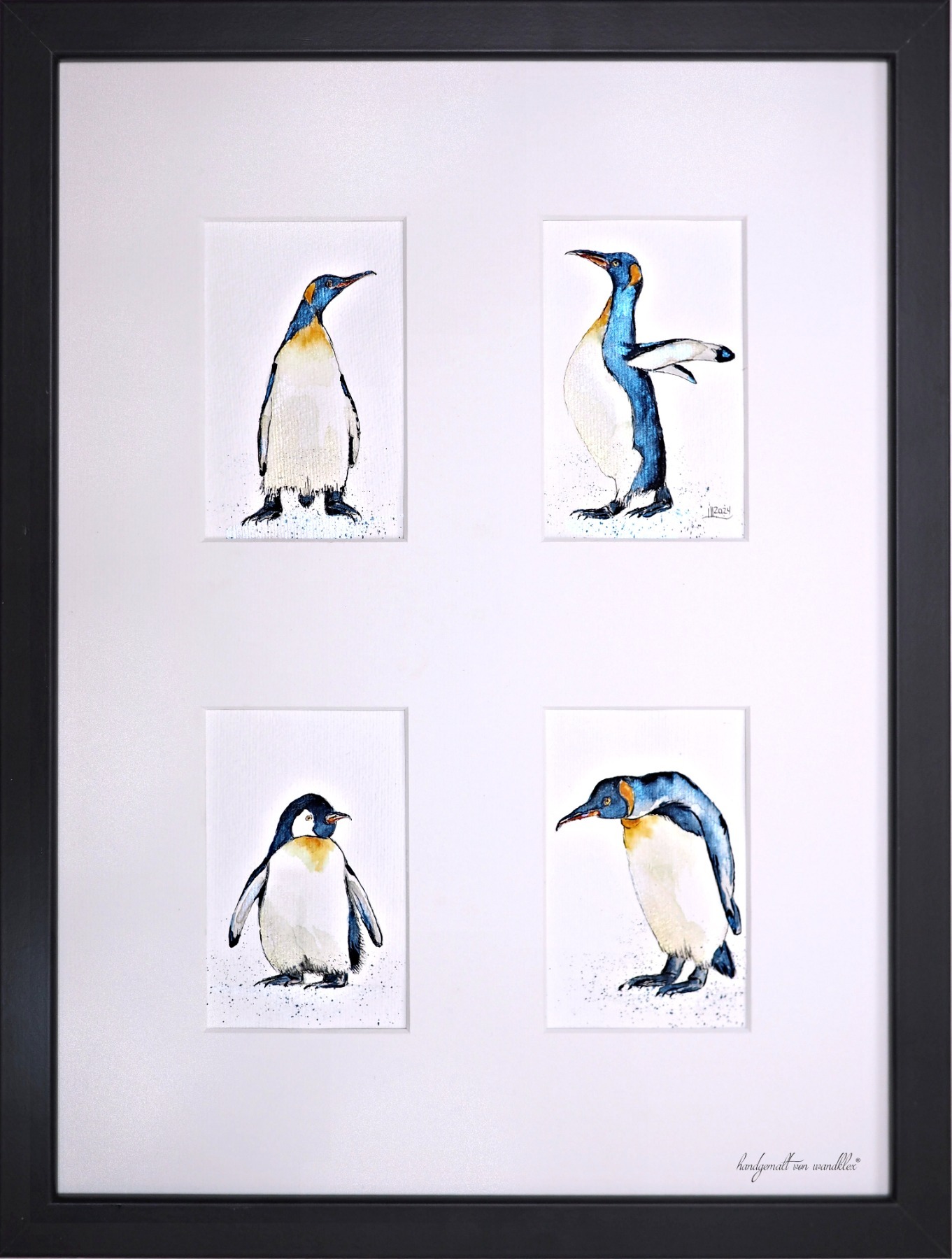 Pinguin Quartett Original- lllustrationen handgemalt, gerahmt in 4er-Passepartout 11