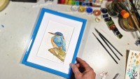 junger Eisvogel,, Aquarell gerahmtes handgemalte Original, Tierbild, Einzelstück, gerahmt