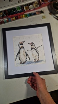 Humboldt Pinguine Aquarell gerahmtes handgemalte Original, Tierbild, Einzelstück, Rahmenfarbe