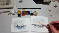 MIniaturaquarell Segelschiff vor Molenfeuer Warnemünde, gerahmt, grüner Leuchtturm, Segelschiff,