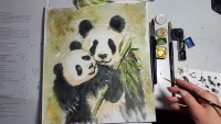 Panda Paar Eltern Kind, Illustration, großes handgemaltes gerahmtes Original 6
