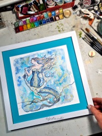 Mermaid Hedwig Illustration, gerahmte aufwändige Originalarbeit, Aquarell 2