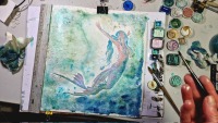Mermaid Luzia, Illustration, gerahmte aufwändige Originalarbeit, Mixed Media Aquarell, Fineliner 5