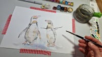 Humboldt Pinguine Aquarell gerahmtes handgemalte Original, Tierbild, Einzelstück, Rahmenfarbe