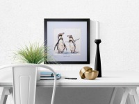 Humboldt Pinguine Aquarell gerahmtes handgemalte Original, Tierbild, Einzelstück, Rahmenfarbe