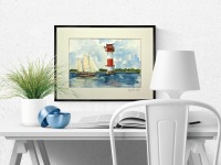 Leuchtturm Kalkgrund Flensburger Förde mit Segelschiff, Illustration, gerahmte Originalarbeit,