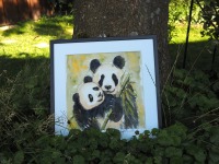Panda Paar Eltern Kind, Illustration, großes handgemaltes gerahmtes Original 3