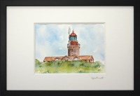 Leuchtturm Buk Bastorf an der Ostsee Illustration, gerahmte Originalarbeit, Mixed Media Aquarell,