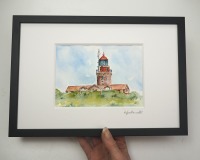 Leuchtturm Buk Bastorf an der Ostsee Illustration, gerahmte Originalarbeit, Mixed Media Aquarell,