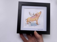 Flügelschwein kleine Illustration handgemalt, gerahmt, Glücksschwein, Flügelschweinchen,