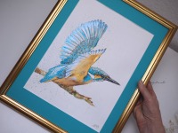 Eisvogel Original- lllustration handgemalt, gerahmt goldfarben oder schwarz 7