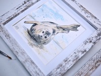 Robben Illustration handgemalt, gerahmt in Minirahmen 6