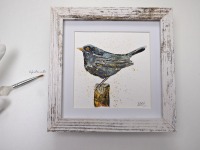 Amsel Illustration handgemalt, gerahmt in Minirahmen 2