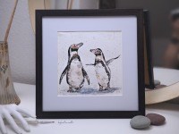 Humboldt Pinguine Aquarell gerahmtes handgemalte Original, Tierbild, Einzelstück, Rahmenfarbe