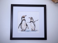 Humboldt Pinguine Aquarell gerahmtes handgemalte Original, Tierbild, Einzelstück, Rahmenfarbe