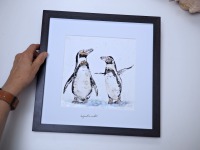 Humboldt Pinguine Aquarell gerahmtes handgemalte Original, Tierbild, Einzelstück, Rahmenfarbe