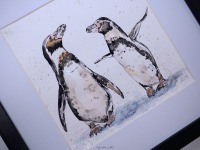 Humboldt Pinguine Aquarell gerahmtes handgemalte Original, Tierbild, Einzelstück, Rahmenfarbe