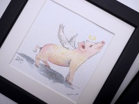 Flügelschwein kleine Illustration handgemalt, gerahmt, Glücksschwein, Flügelschweinchen,