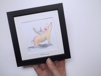 Flügelschwein kleine Illustration handgemalt, gerahmt, Glücksschwein, Flügelschweinchen,