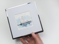 MIniaturaquarell Segelschiff vor Molenfeuer Warnemünde, gerahmt, grüner Leuchtturm, Segelschiff, R