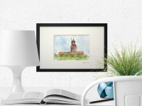 Leuchtturm Buk Bastorf an der Ostsee Illustration, gerahmte Originalarbeit, Mixed Media Aquarell, Fi
