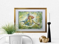 Mermaid Babsi Illustration, gerahmte aufwändige Originalarbeit, Mixed Media Aquarell, Fineliner