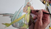 Mermaid Babsi Illustration, gerahmte aufwändige Originalarbeit, Mixed Media Aquarell, Fineliner 3