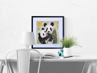 Panda Paar Eltern Kind, Illustration, großes handgemaltes gerahmtes Original 10