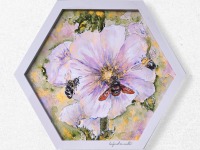 Wildbienen an Malve, Illustration, großes handgemaltes klexagonal gerahmtes Original 2