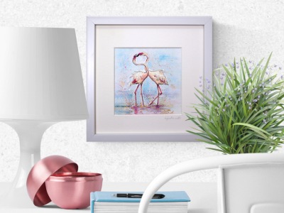 Flamingos Schorsch und Toni Aquarell gerahmtes handgemalte Original, Einzelstück - innerhalb