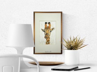 Giraffe Alma, Illustration handgemalt, gerahmt auf 20x30cm - innerhalb Deutschlands inkl.