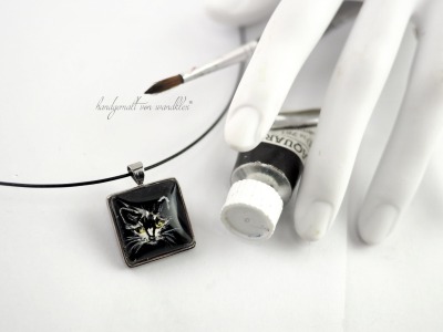 handgemalt schwarze Katze Schmuck Aquarell Original in Halsschmuck Ring oder Armreif Echt 925 Sterling Silber oder Edelstahl