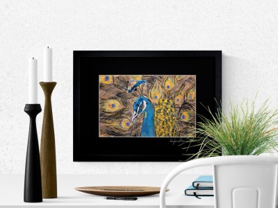 Originalbild Pfau gerahmt Aquarell Metallicaquarellfarbe und Fineliner handgemalt Bild Vogel Kunst Tierbild Illustration Vogel