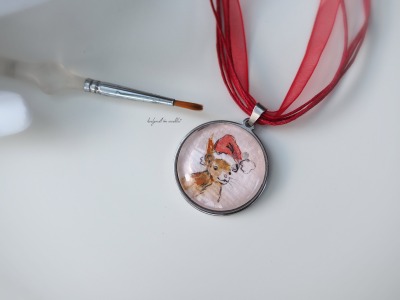 weihnachtliches Originalaquarell Eichhörnchen mit Weihnachtsmütze gefasst in Edelstahl handgemalt Malerei Miniatur